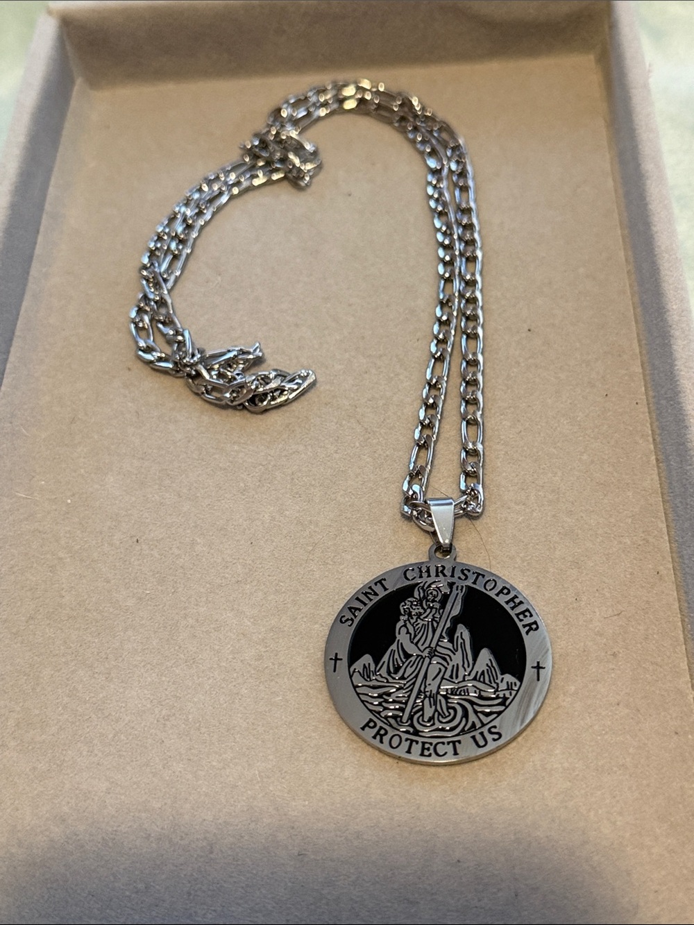 Saint Christopher Silver-Tone Pendant Necklace - Black Inlay